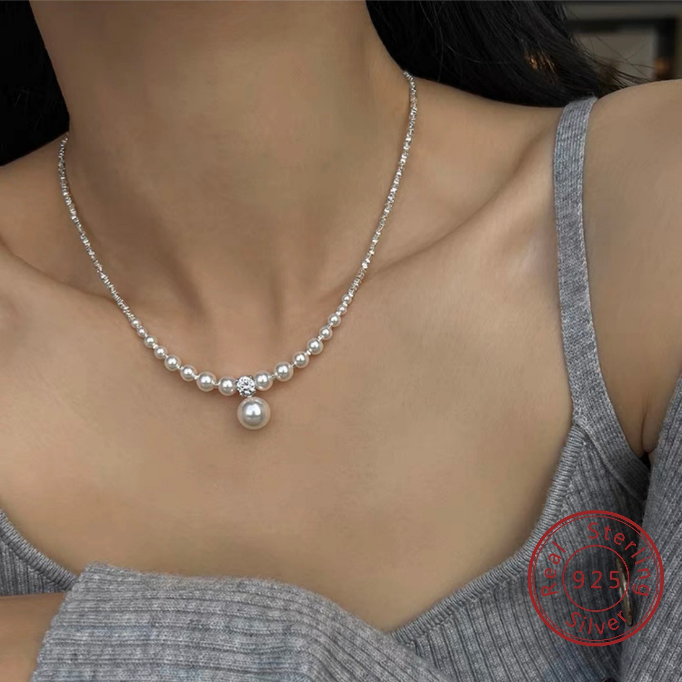 Women's 925 Sterling Silver Zirconia Shell Pearl Necklace