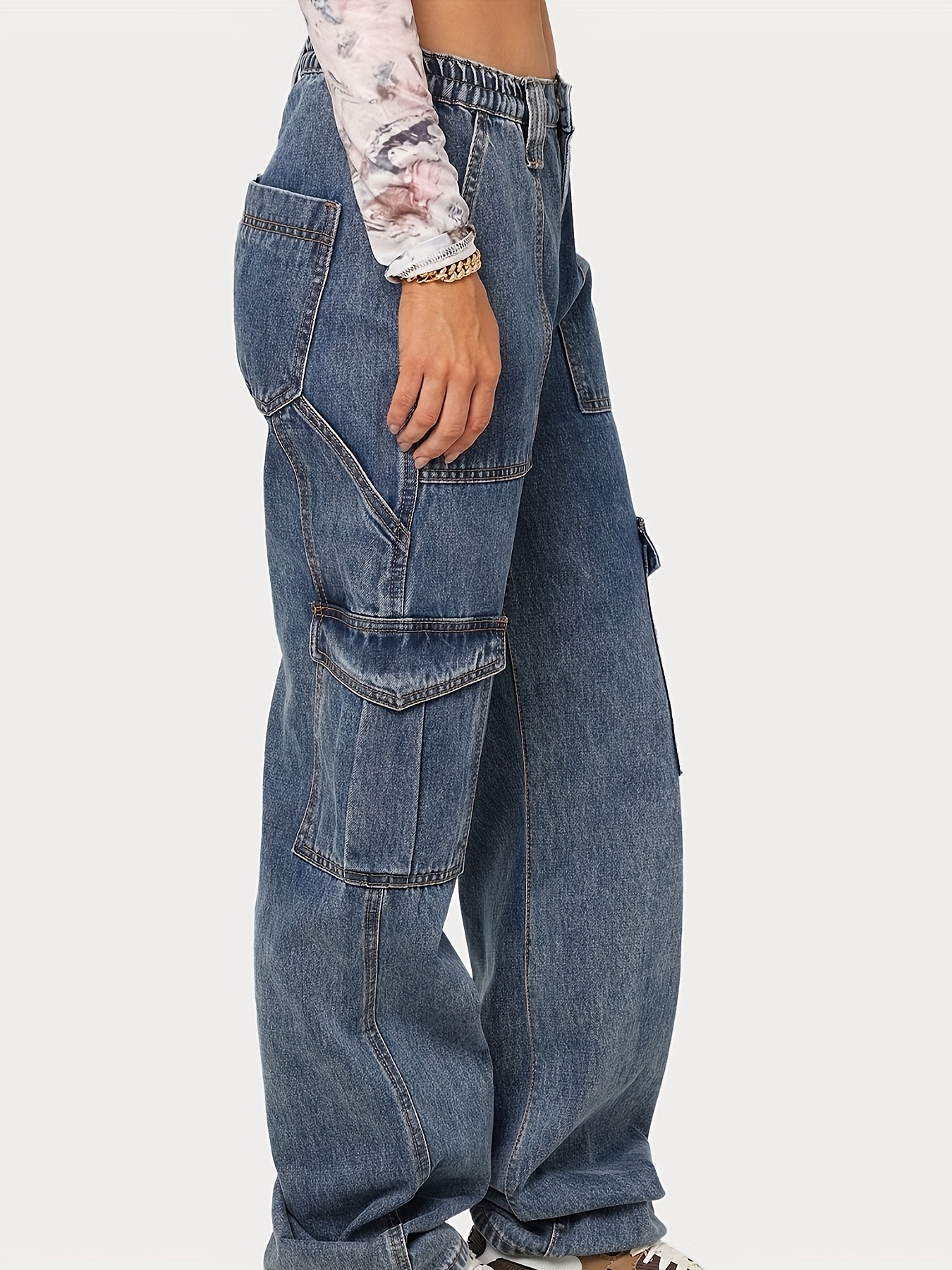 Solid Color Loose Fit Cargo Pants, Flap Pockets Street Style Baggy Straight  Legs Denim Pants, Y2K Kpop Vintage Style, Women's Denim Jeans & Clothing