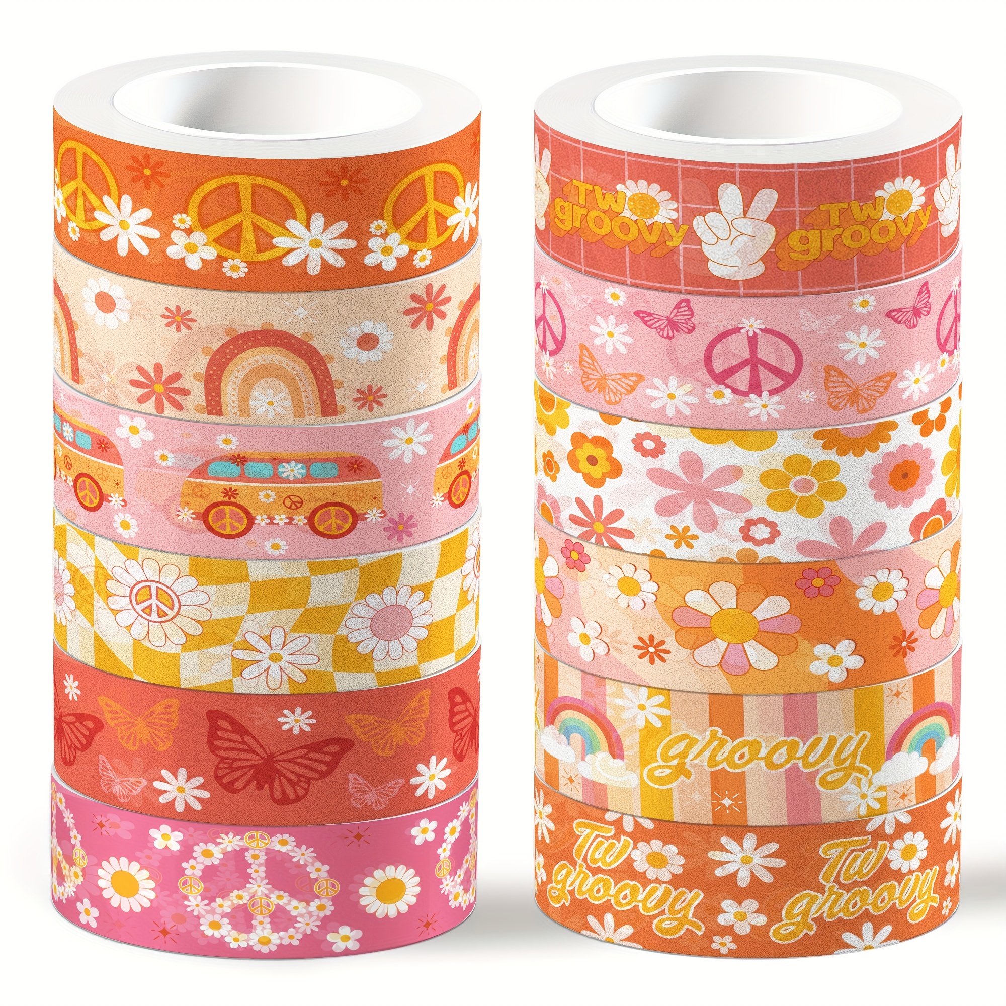 12 Rolls, Groovy Boho Washi Tape Retro Rainbow Flower Washi Masking Tape  Groovy Hippie Cute Decorative Craft Tape Back To School Washi Tape For
