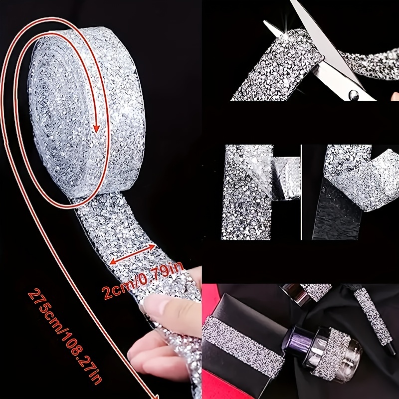 1 Roll Resin Rhinestone Ribbons - Silver Self Adhesive Diamond Ribbon Crystal Ribbon Roll, Shiny Rhinestone Ribbon Resin for Arts Crafts, DIY, Party
