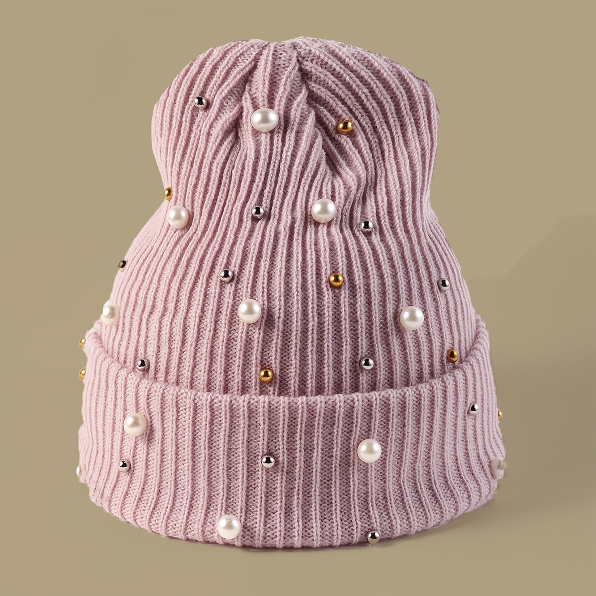 Faux Pearl Beanie Hat Classic Winter Warm Knitted Hat For Women