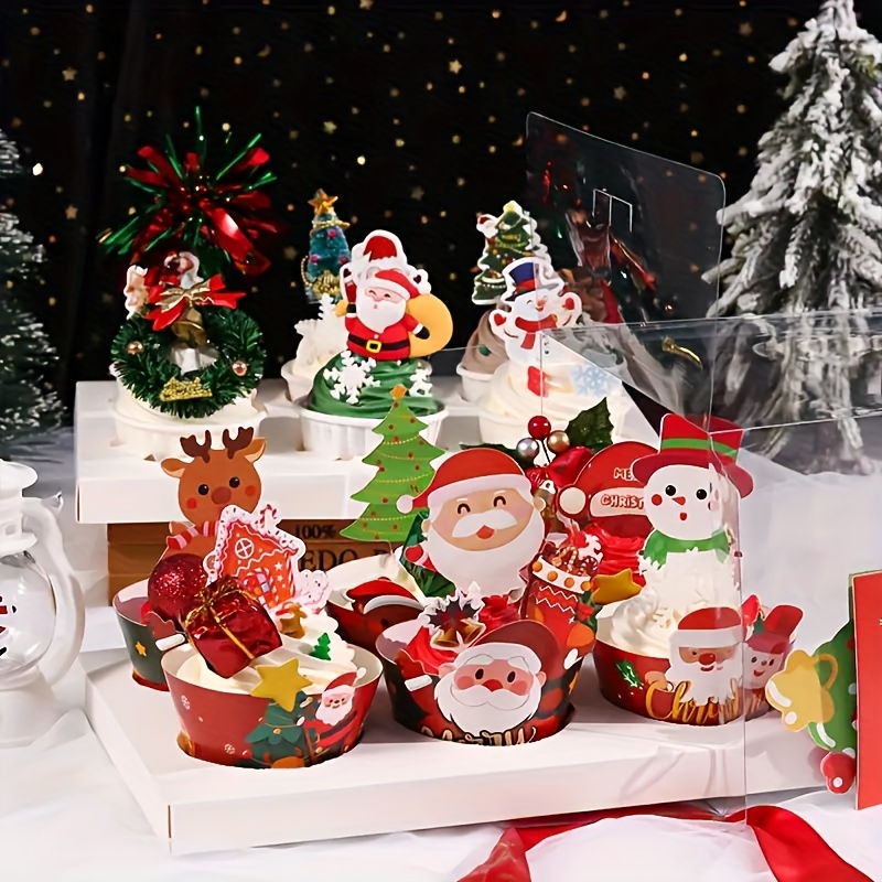 37ピース/セット クリスマスカップケーキトッパー 雪だるま サンタクロース トナカイ エルフ ペンギン ジンジャーブレッド クリスマスツリー  ケーキデコレーション カップケーキピック クリスマス ホリデーパーティー用品 ベーキングケーキデコレーション用