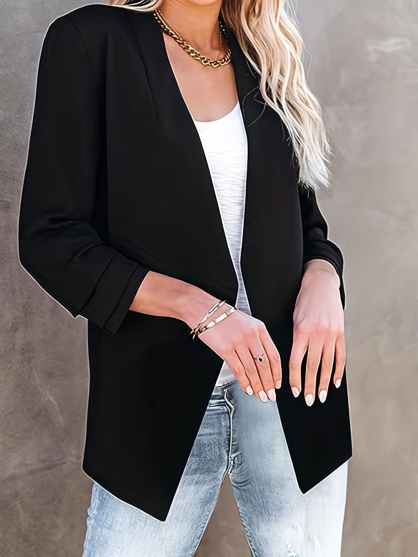 Solid Open Front Casual Roll Sleeve Lapel - Temu
