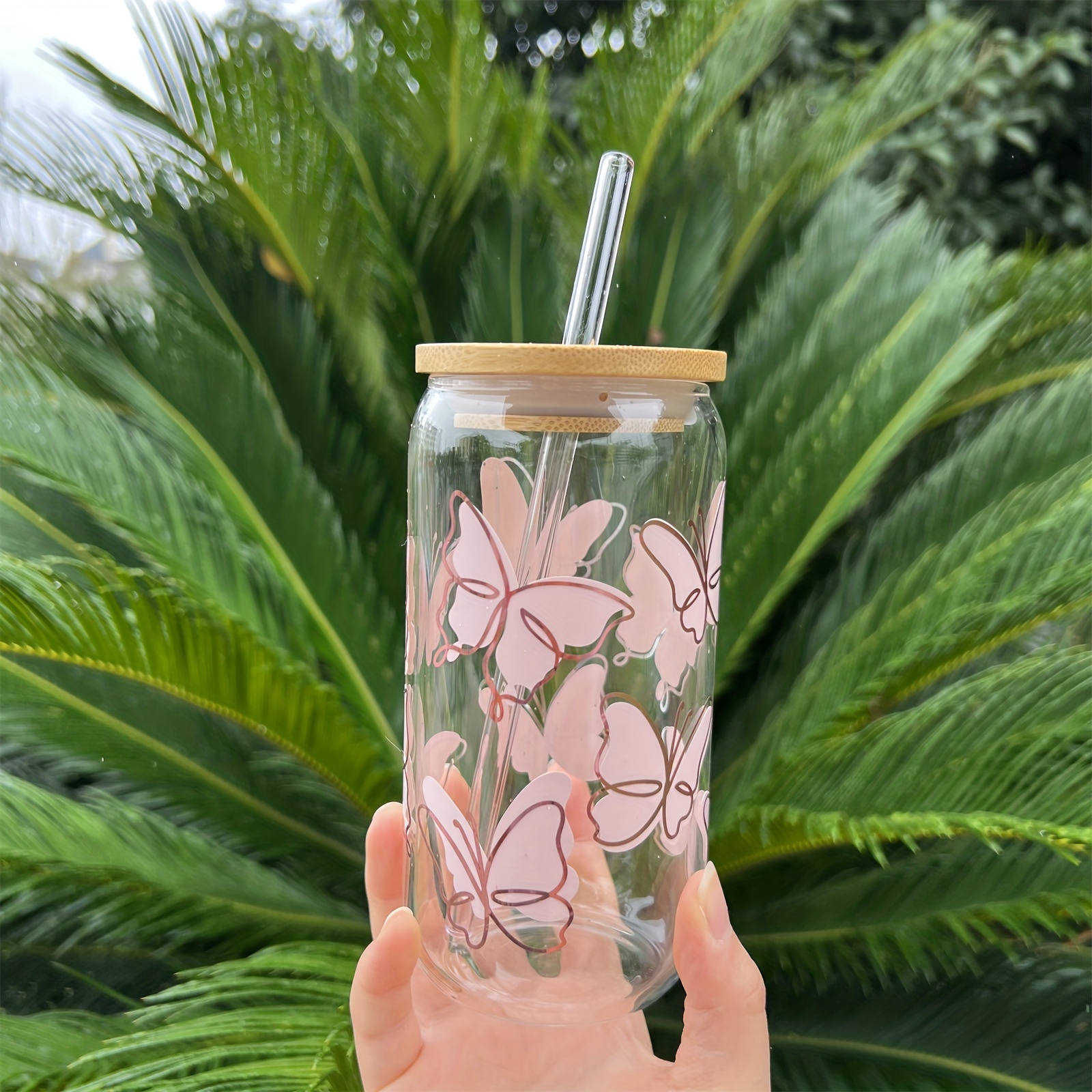 16oz pink Smile Flower Themed Libbey Glass Cans Set (1pc Glass Cup+1pc  Bamboo Lid+1pc Glass Straw +1pc Straw Brush), Beer Glass Cans, Soda, Iced  Coff