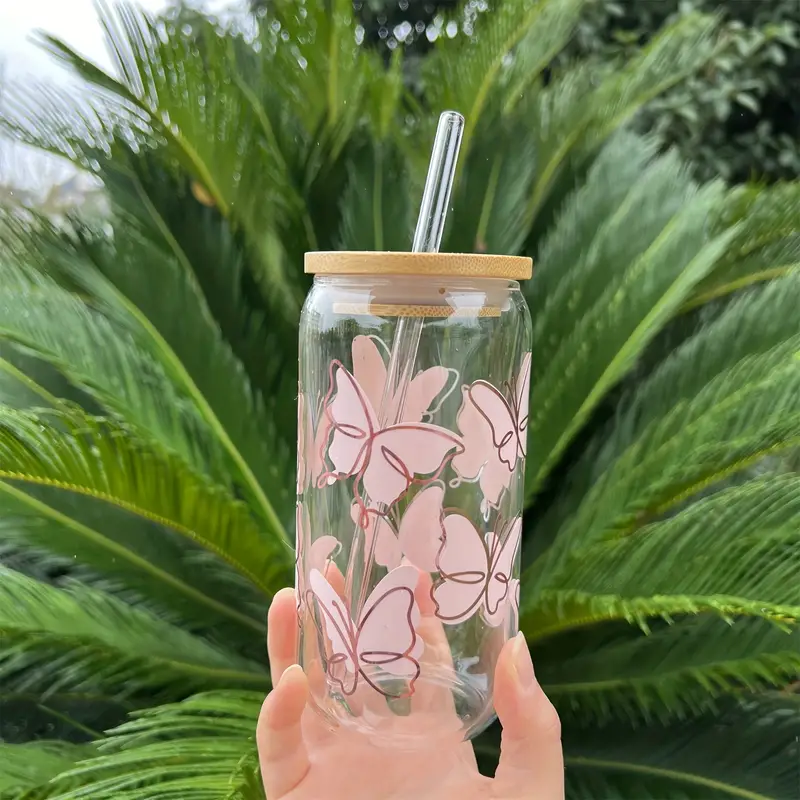 Butterflies Design Ice Coffee Glass Cup With Bamboo Lid - Temu