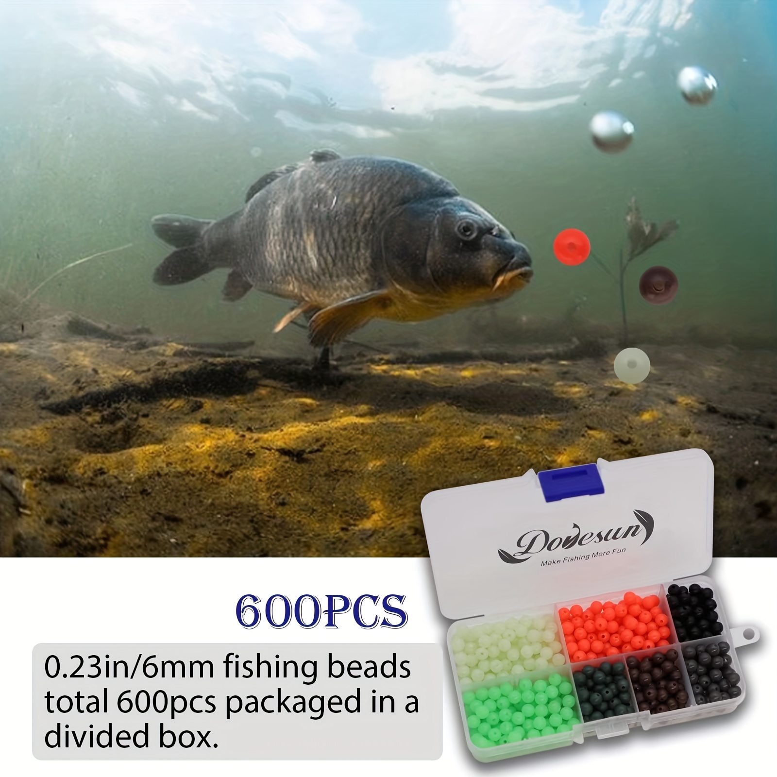 Dovesun Soft Rubber Fishing Beads Fishing Accessories 7 Colors Round  Fishing Beads with Fishing Tackle Box 0.23in(600pcs), 0.31in(250pcs)
