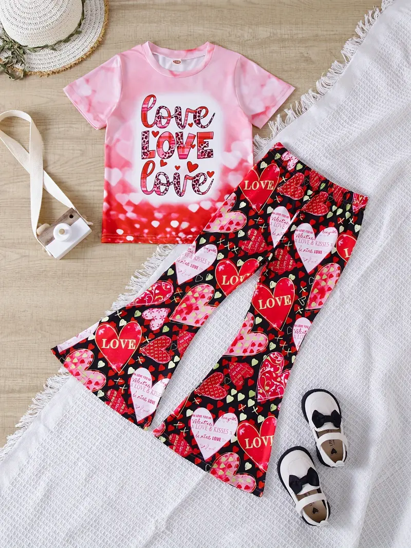 Girls Sweet Heart Love Print Outfits Casual Comfy Sets - Temu