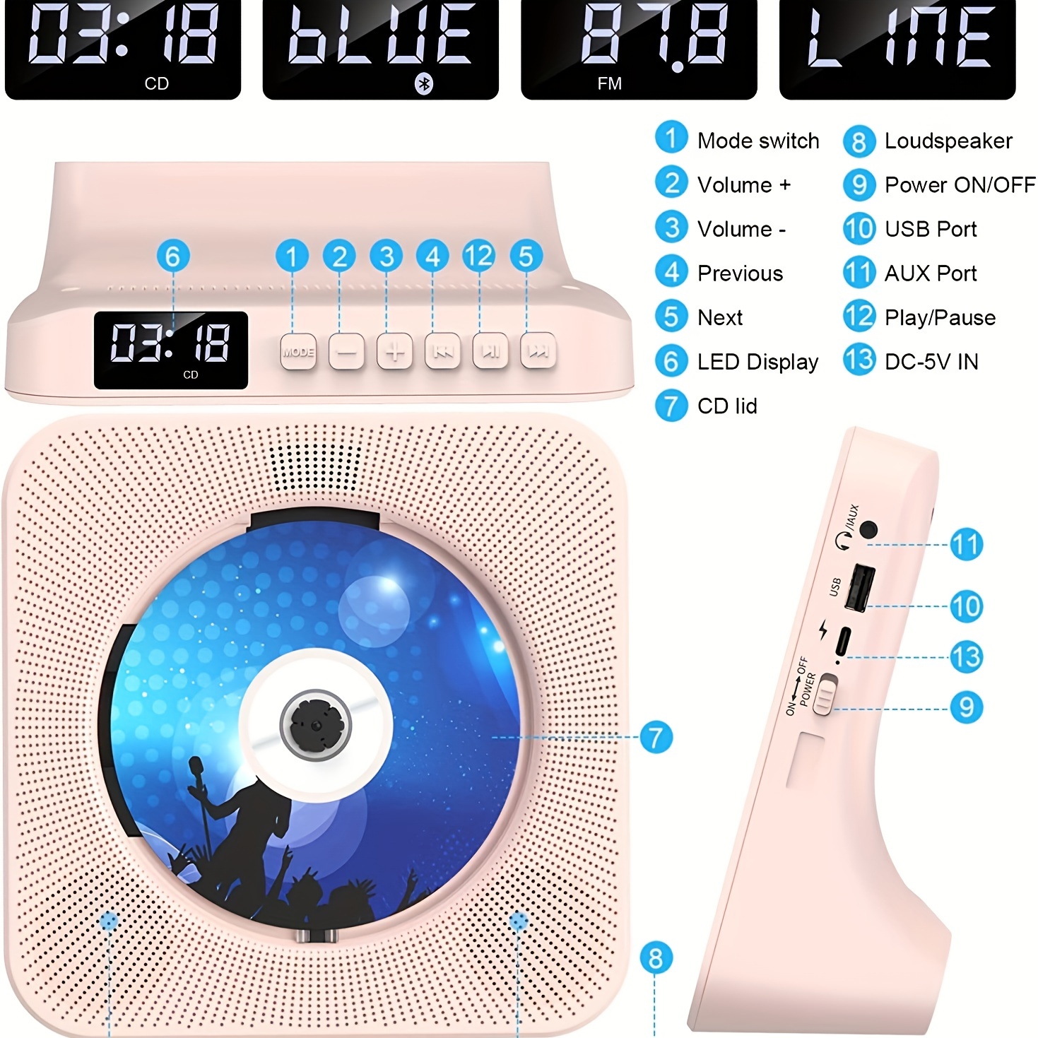 TODANGAI Reproductor de CD con altavoces HiFi integrados,visualización LED  Bluetooth 5.0,puerto USB/AUX,reproductor de CD para audio  doméstico/temporizador/radio FM,control remoto Blanco roto : :  Electrónicos