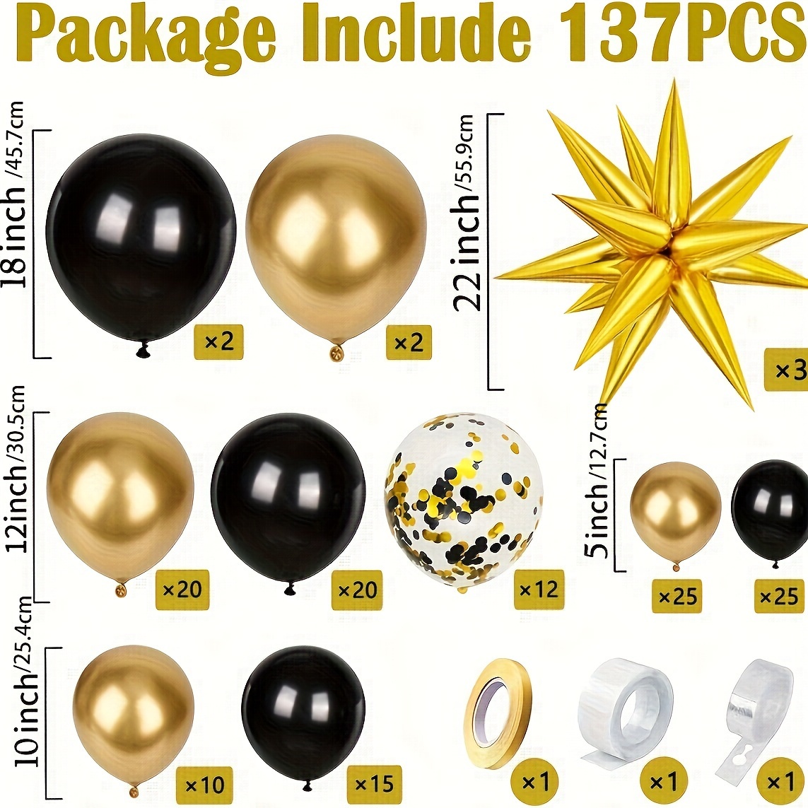Confezione da 6 palloncini neri con motivo a stella dorata