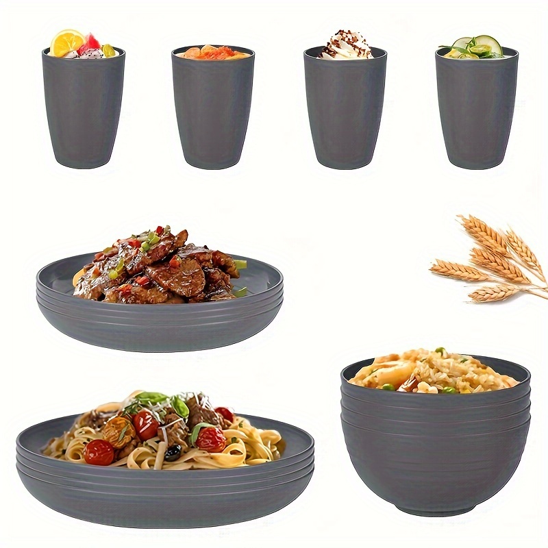 

16pcs Gray Plastic Set, Shatterproof, Microwave And Dishwasher Safe, Reusable, Include 8 Plates, 4 Bowls, 4 Cups, Suitable For Rv Camping Picnic Kitchen
