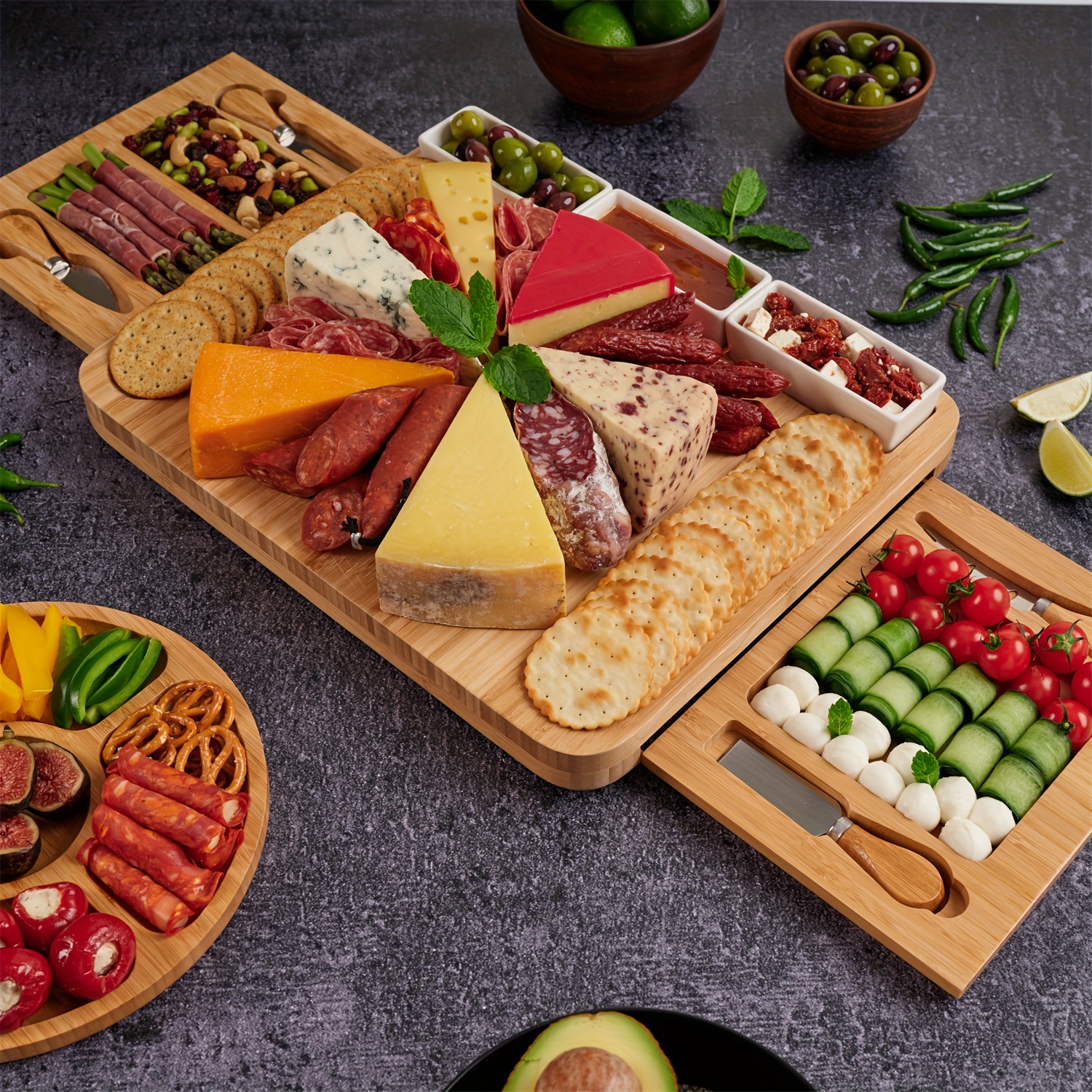 Tabla de charcutería personalizada de bambú para quesos y cuchillos,  divertida tabla de aperitivos de hojas de árbol de Navidad, tablero de  aperitivos