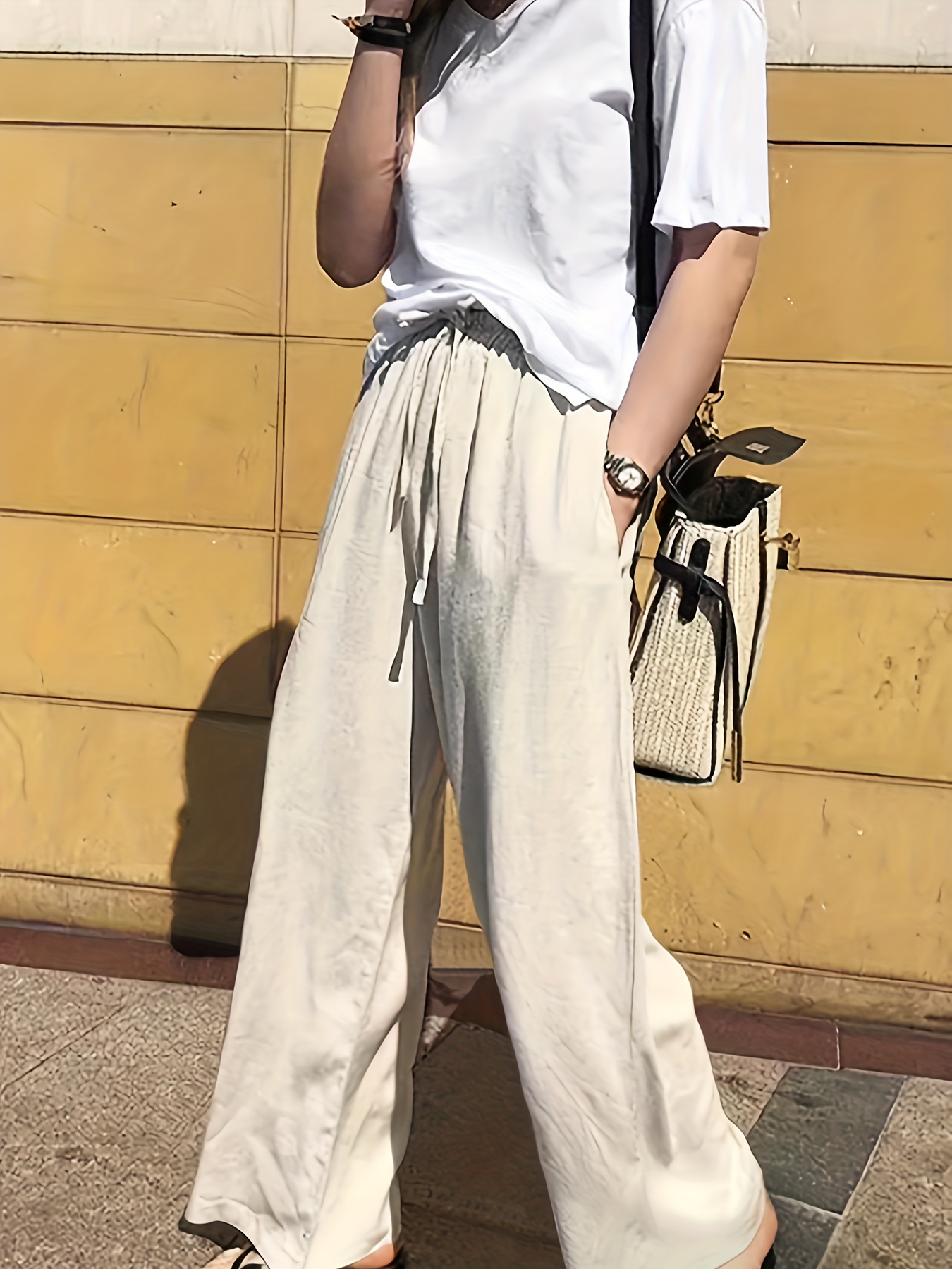 Minimalist Solid Drawstring Pants Casual Long Length Elastic - Temu Italy