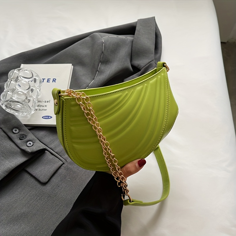 Striped Embossed Baguette Bag Chain Decor Fashionable Shoulder Bag