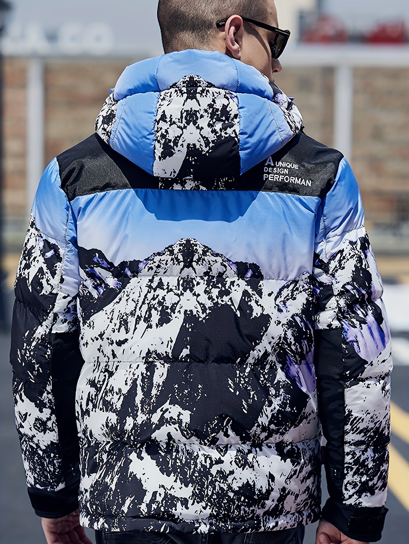 Giacca con cappuccio invernale calda da uomo, cappotto imbottito con motivo  montagna casual per attività all'aperto, abbigliamento maschile