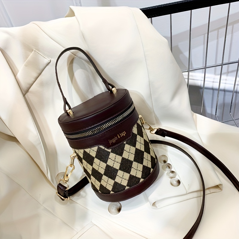 Mini Argyle Pattern Handbag, Fashion Cylinder Bucket Purse