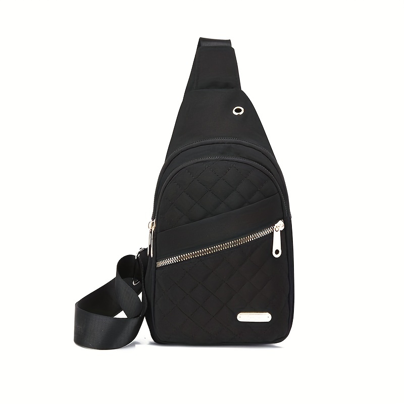 TEMU 1pc Argyle Quilted Nylon Sling Backpack - Casual Chest Bag With Adjustable Strap, Earphone Hole, And Zipper Pockets For , Travel Backpack