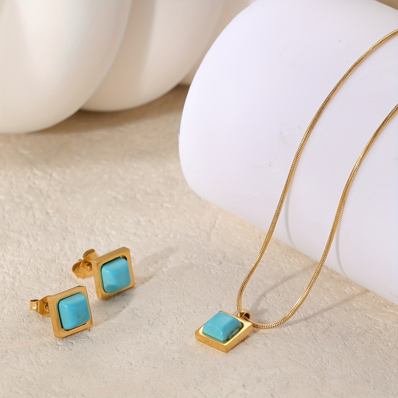 

1 Pair Stud Earrings +1 Pc Necklace With Square Turquoise Inlaid Stainless Steel Plated Jewelry Set Vintage Elegant Style Female Gift