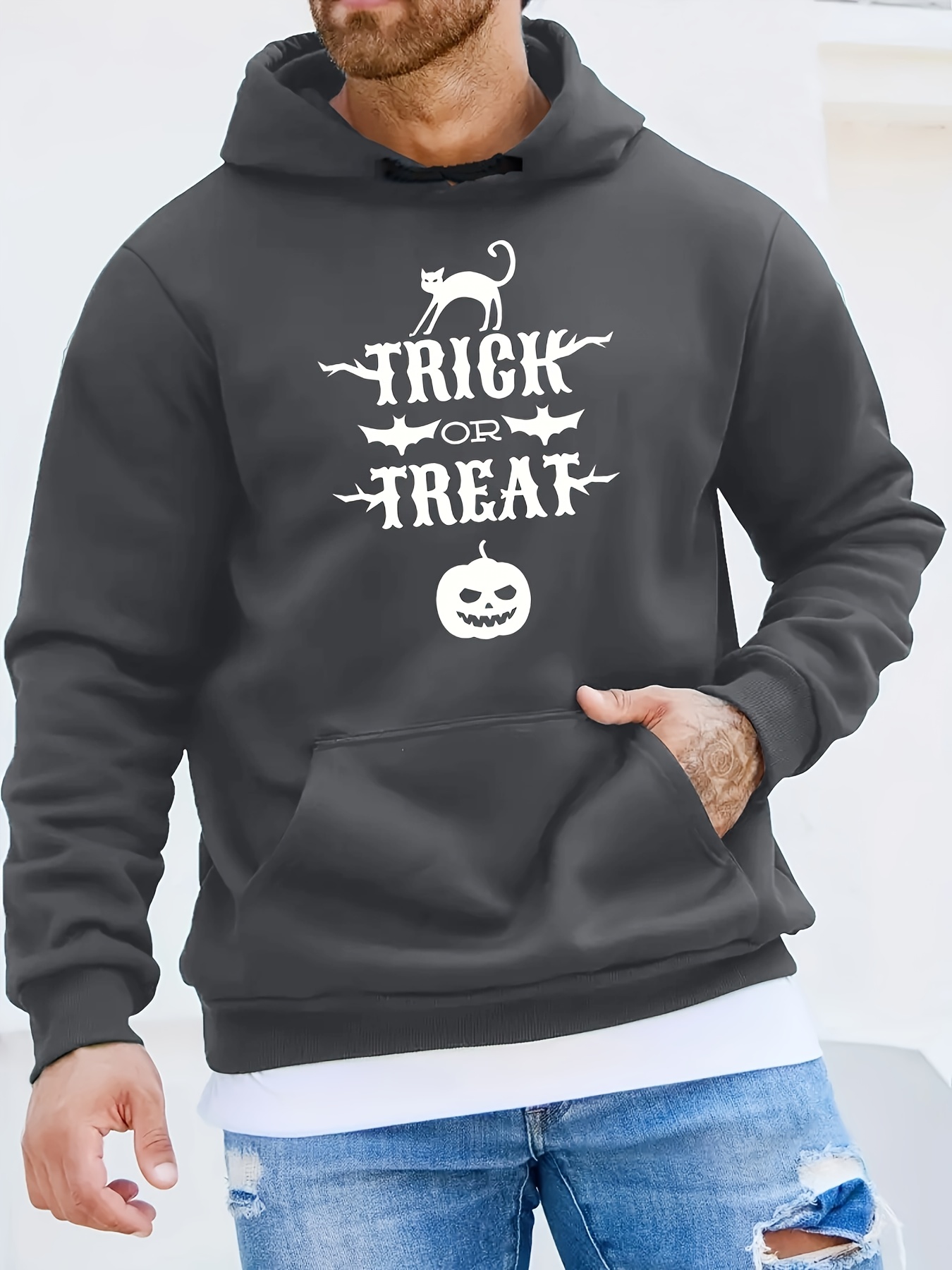 Halloween Elements Print Hoodie Kangaroo Pocket Mens Casual Temu New