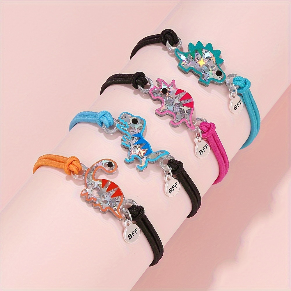 

4pcs Cute Bff Colorful Dinosaur Charm Elastic Bracelet/hair Rope, Dual-purpose Wristband Set
