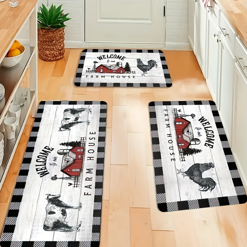 Linen Geometric Cow Print Rugs for Kitchen Floor, Farmhouse Kitchen Mats  Cushioned Anti Fatigue 2 Piece Set, Kitchen Mat Set of 2 and Kitchen Rug