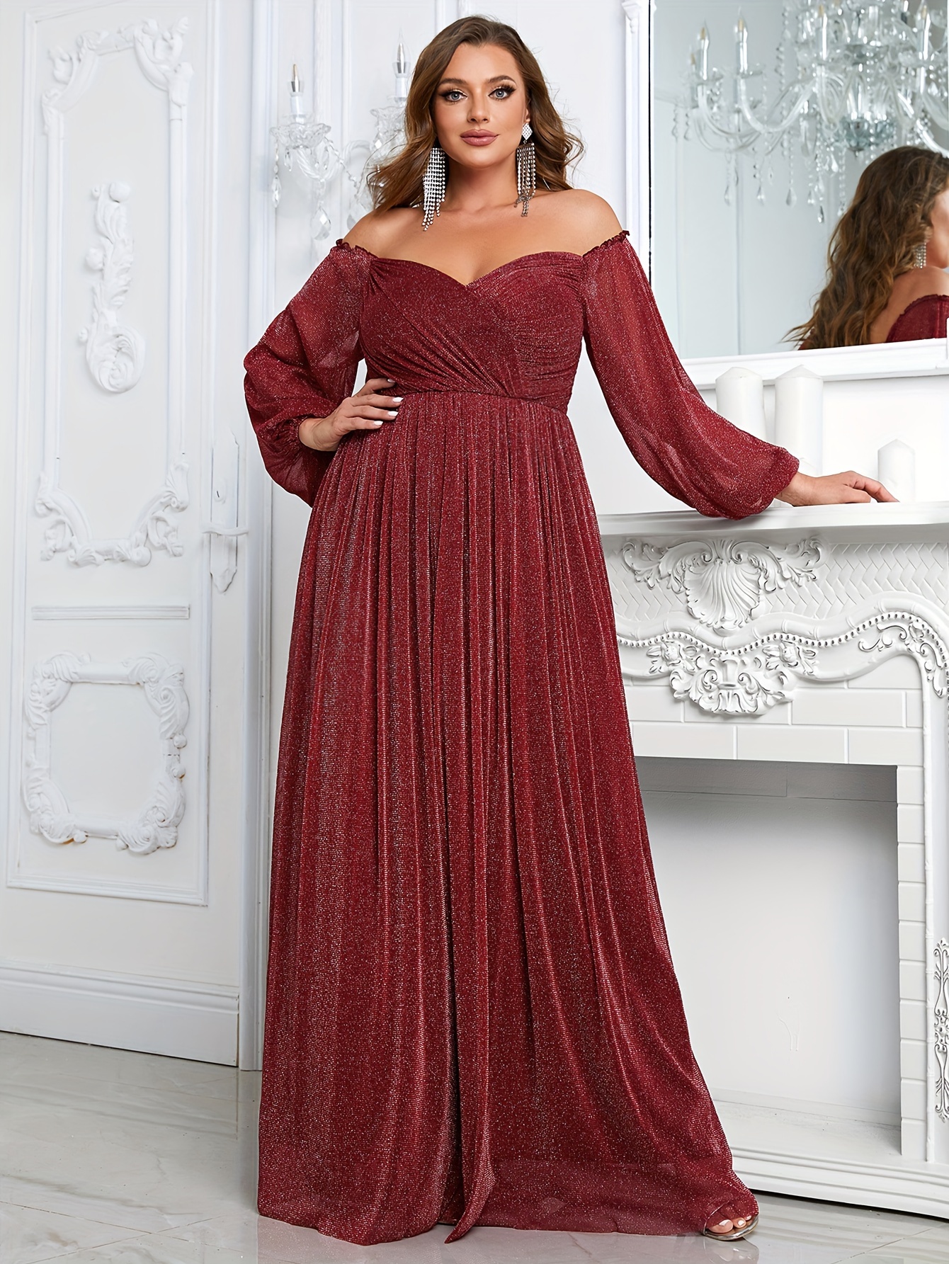 plus size solid mother of the bride dress elegant off shoulder long sleeve gown for wedding party womens plus size clothing