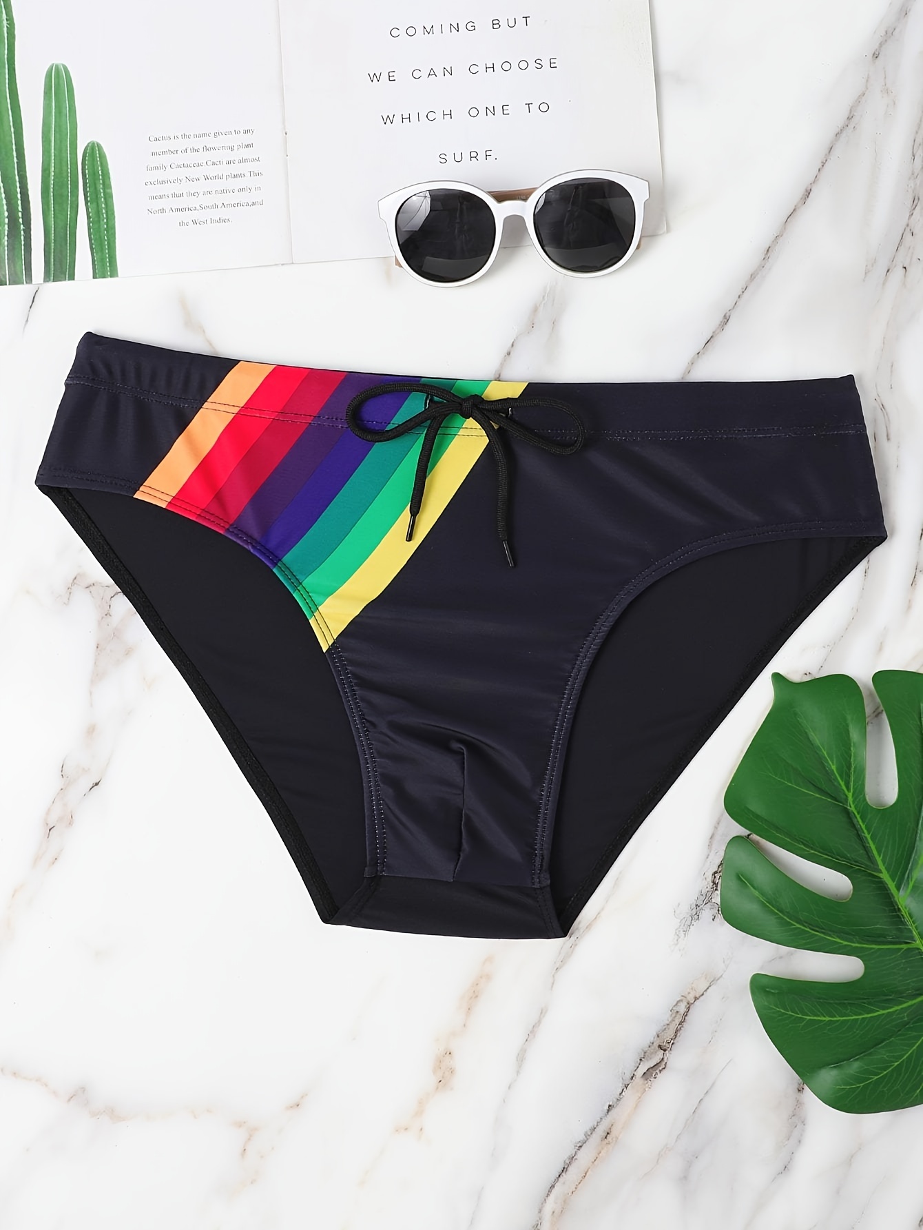 Men's Swim Briefs Rainbow Print Thong Swimsuit Shorts Pants With Drawstring  Sexy Men's Underwear Summer Beach