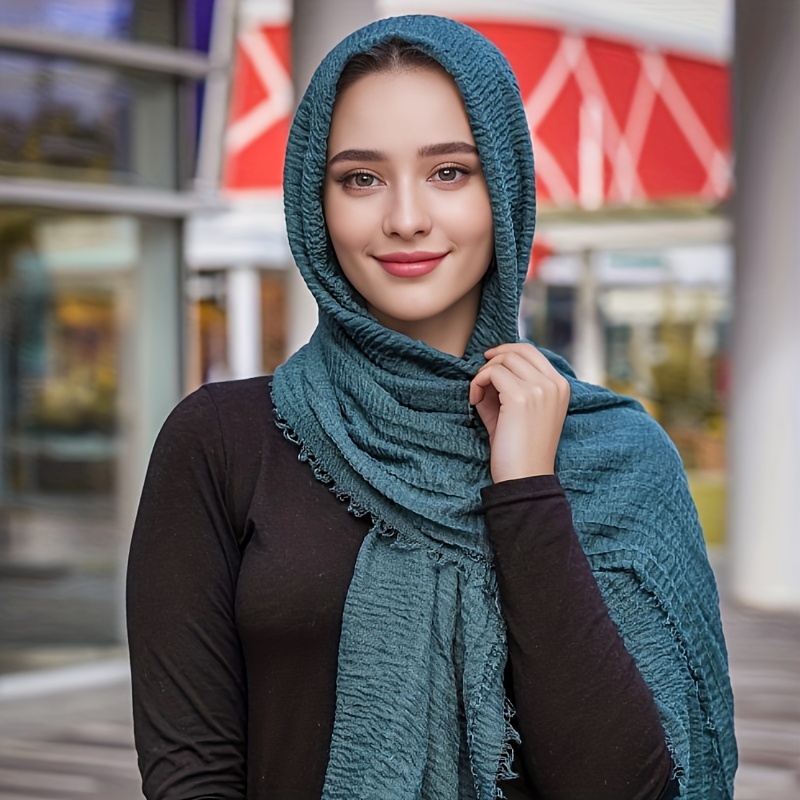 Solid Color Crinkle Hijab Frayed Edge Shawl Elegant Head - Temu Canada