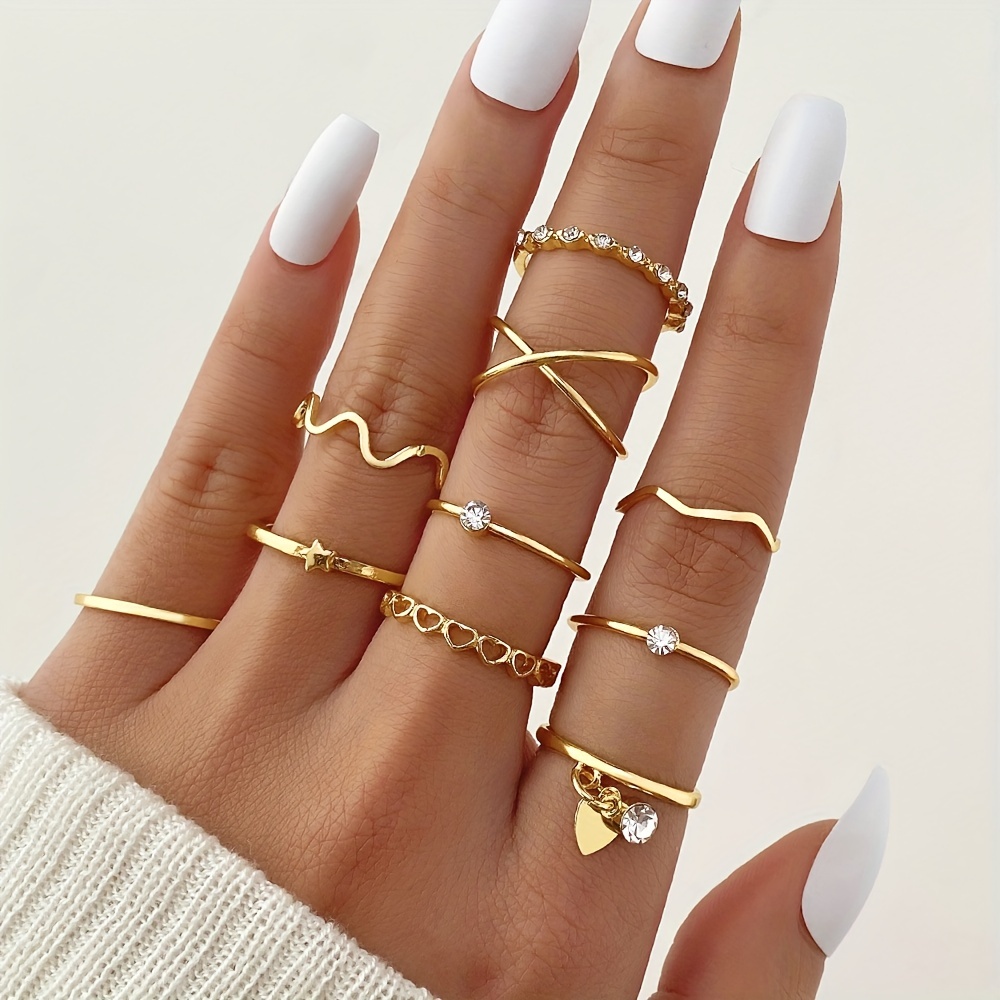 Acheter Kpop – ensemble de bagues couleur argent Y2K, anneaux en forme de  cœur en cristal pour femmes, creux, tendance, bijoux, accessoires