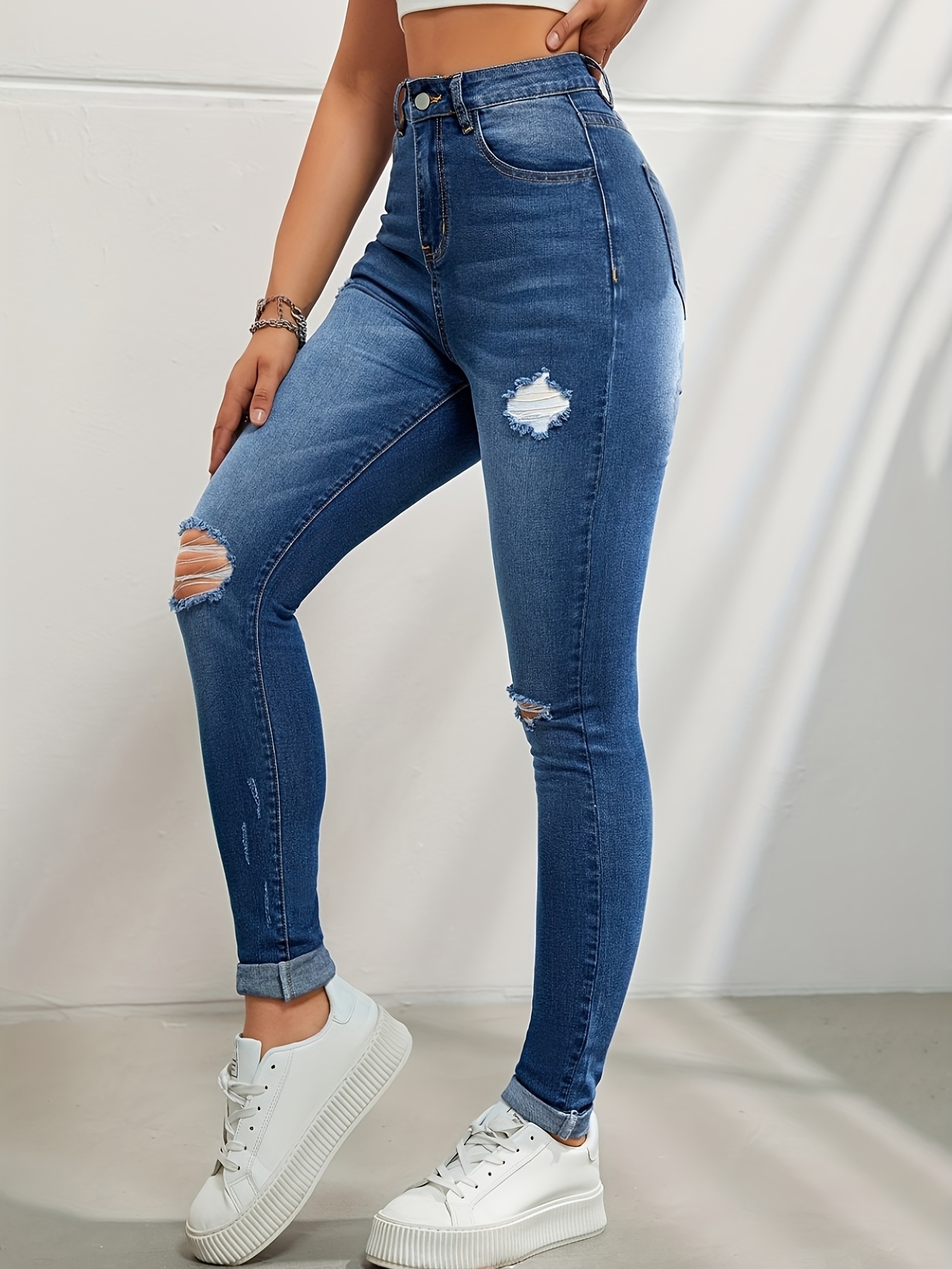 Blue Ripped Holes Straight Jeans Distressed Loose Fit Wide - Temu