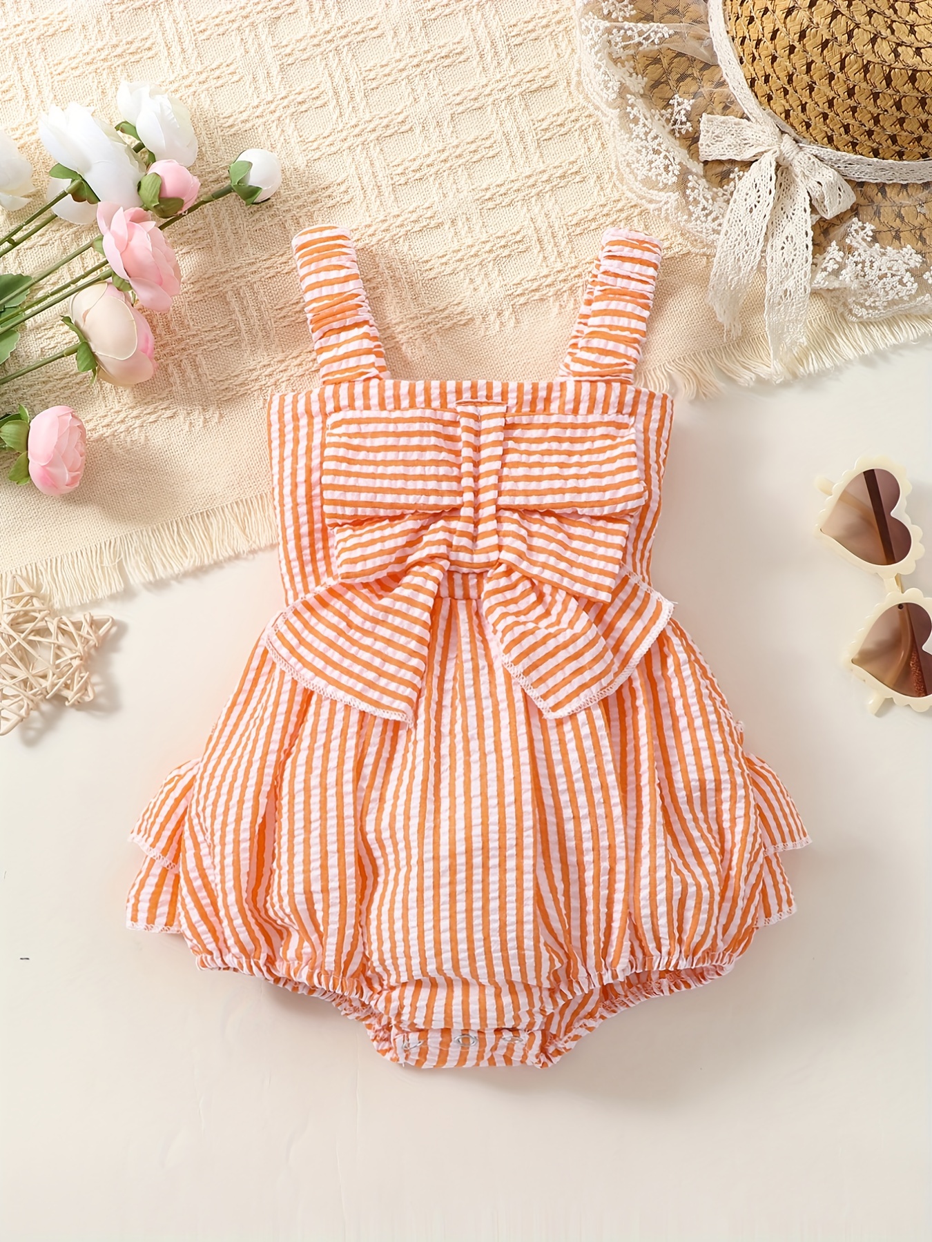 Baby Girls Casual Striped Bowknot Thin Strap Onesie Clothes Temu