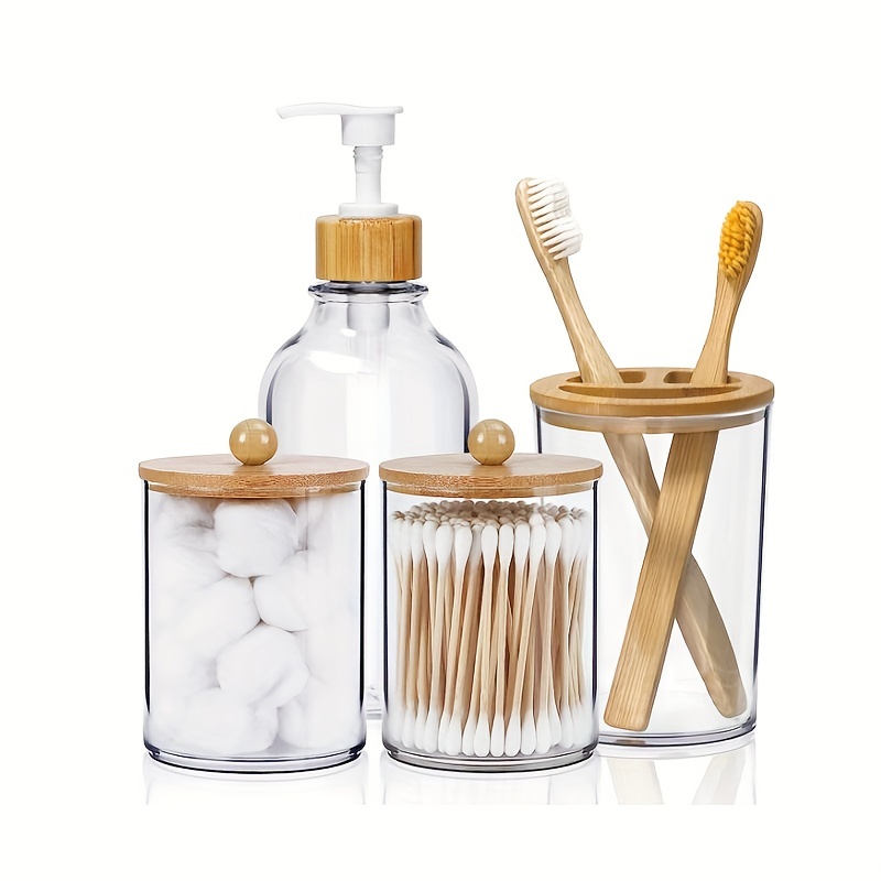 

Bamboo Bathroom Accessories Sets Of 4, Storage Box, Soap Dispenser, 2 Holder Jars, Toothbrush Holder, Bathroom Decor