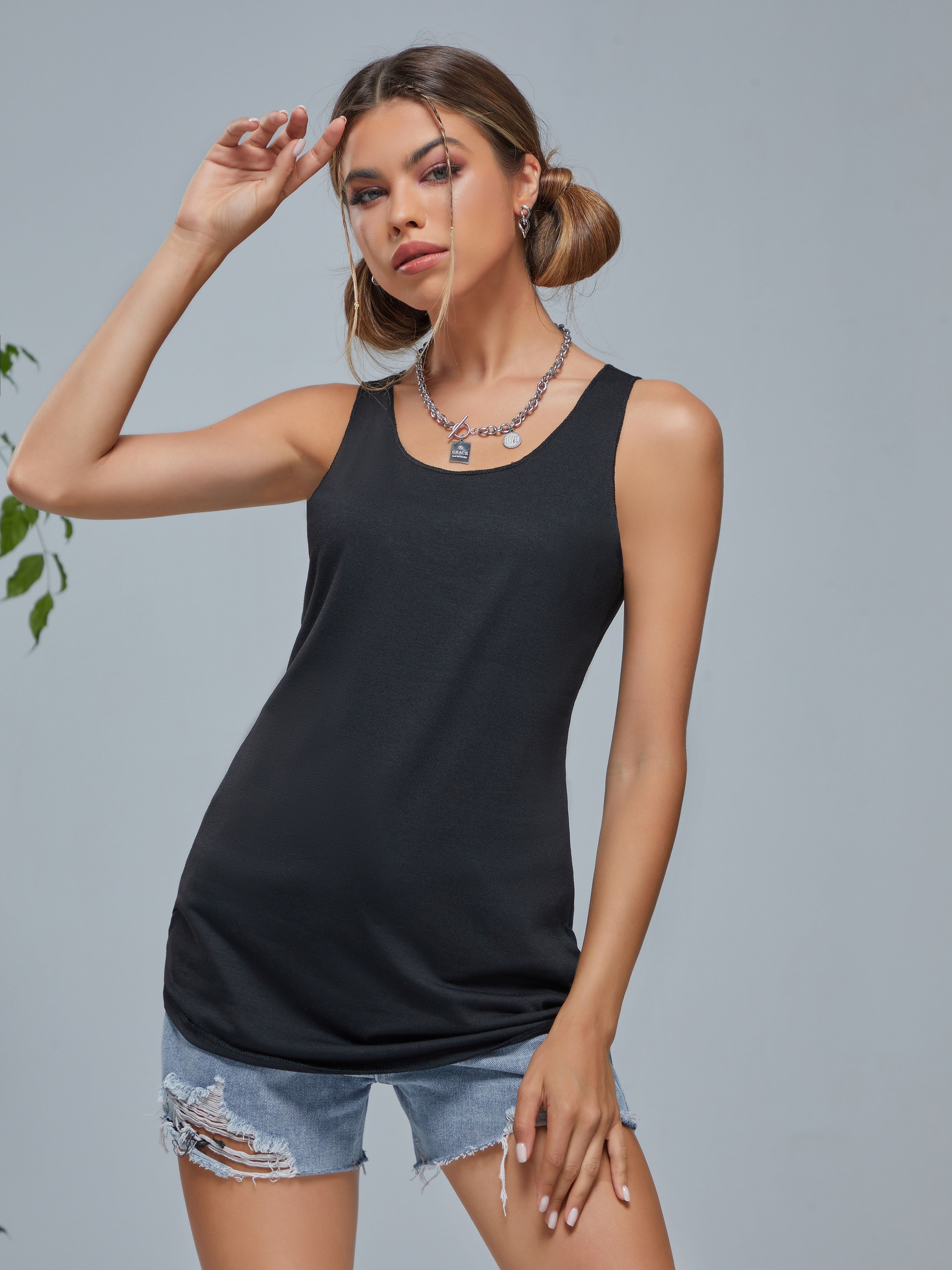 Women's Solid Color Casual Sports Tank Top Round Neck - Temu