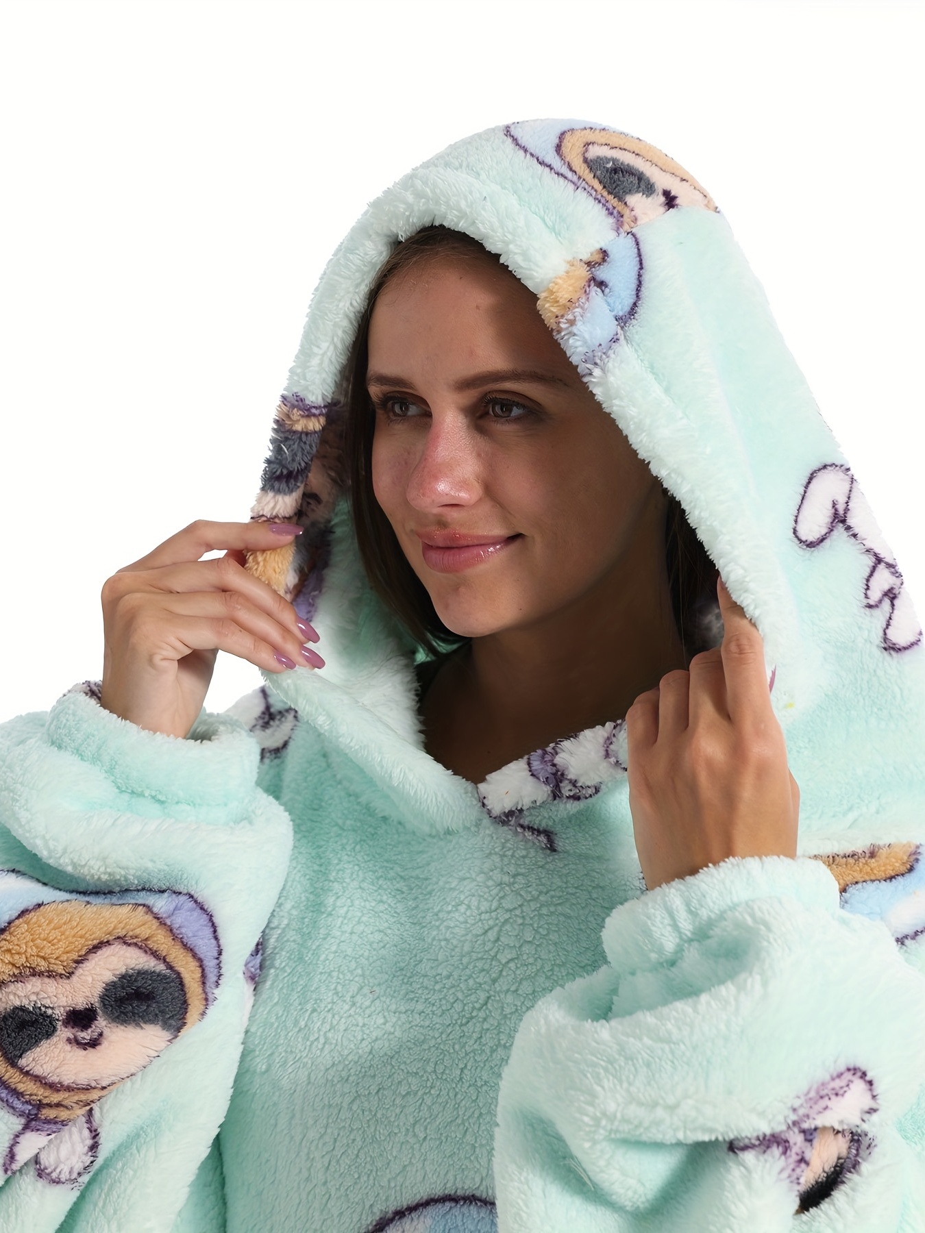 Panda Pattern Flannel Fleece Oversized Sherpa Hooded Wearable Blanket