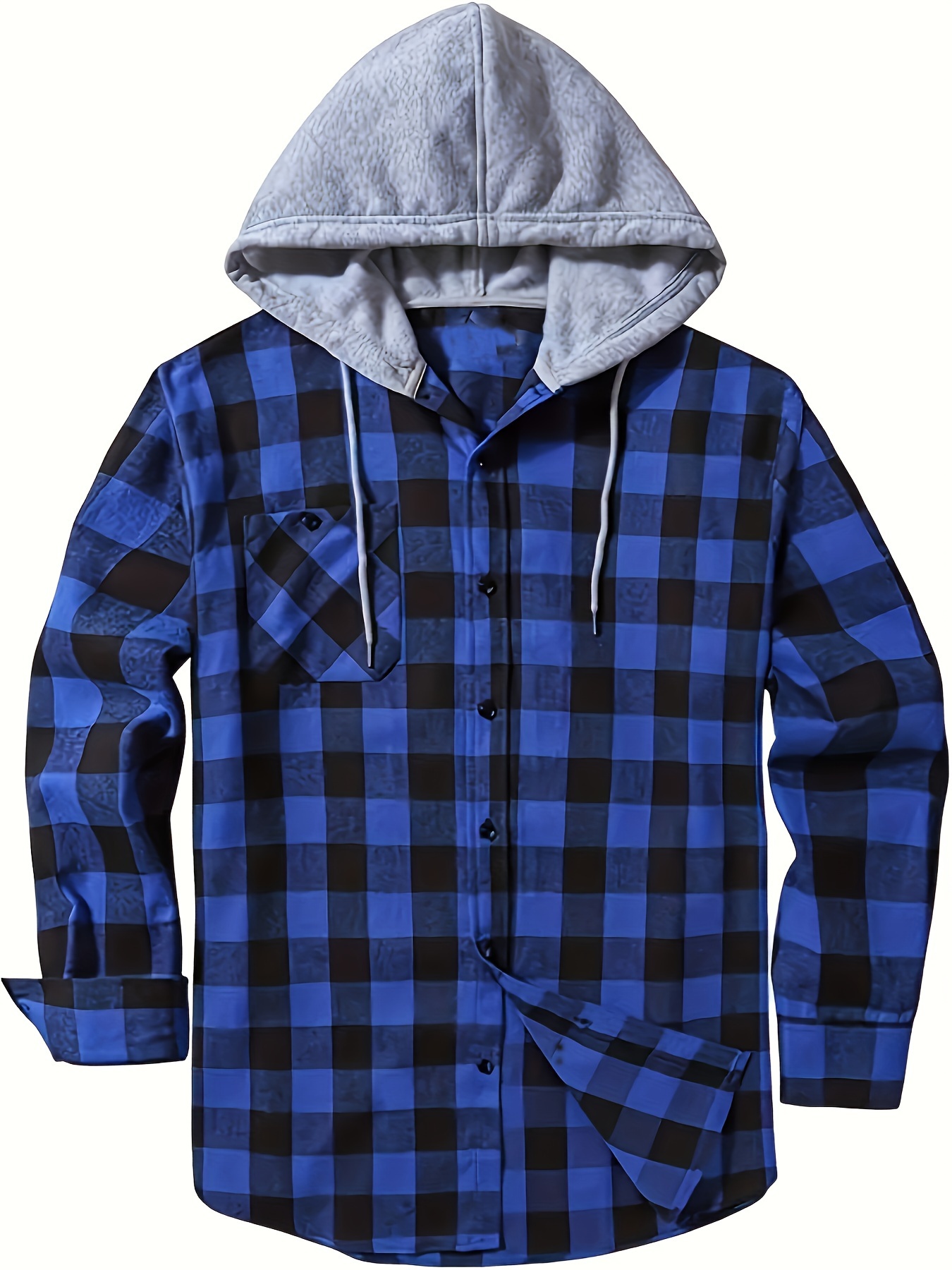 plaid pattern men's long sleeve hooded shirt jacket with chest pocket, men's casual fall winter outwear blue 2