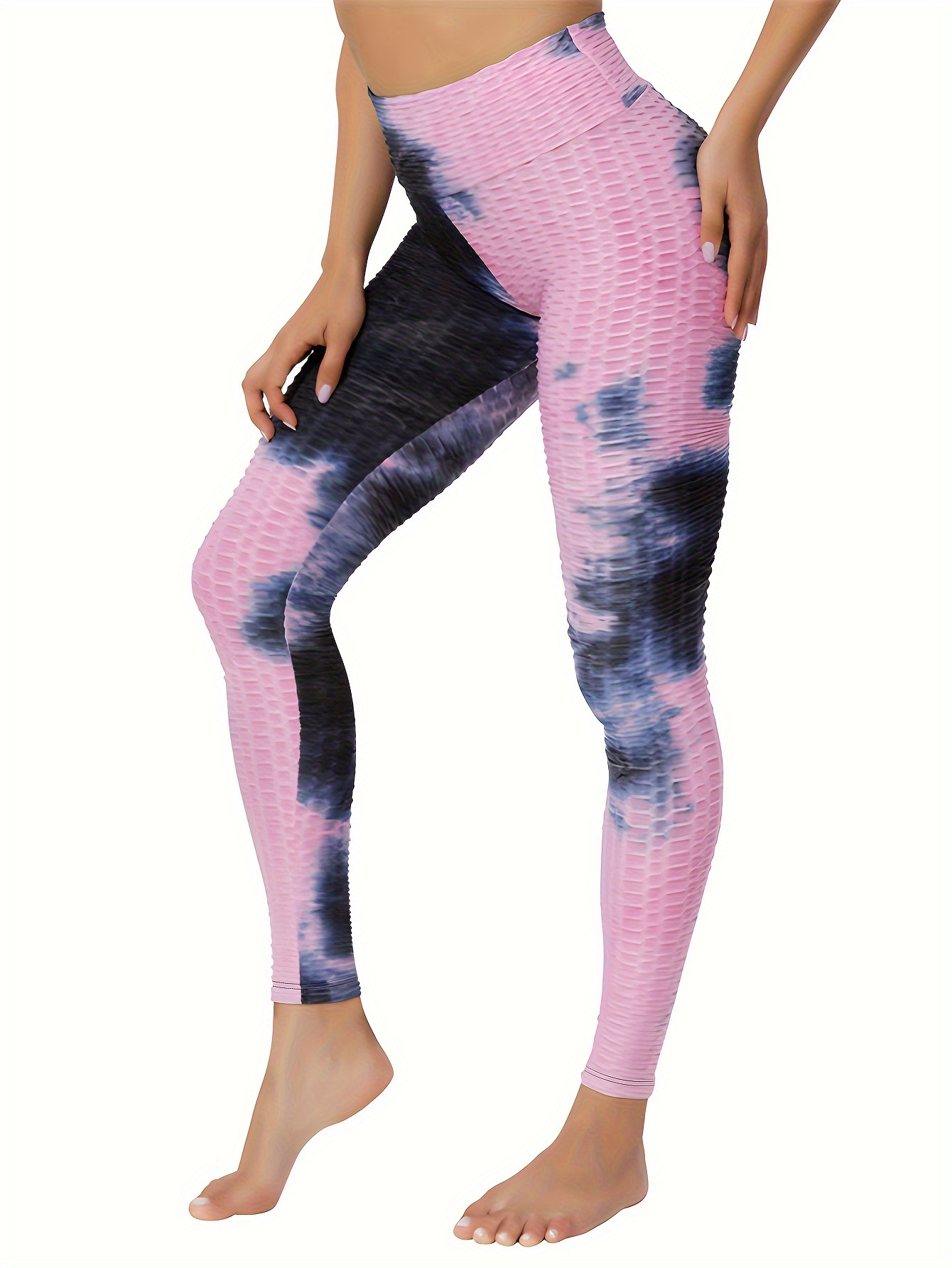 Fashion Tie Dye Honeycomb Yoga Leggings, High Stretchy Slim Fitted  Seersucker Fabric Sports Pants, Women's Activewear