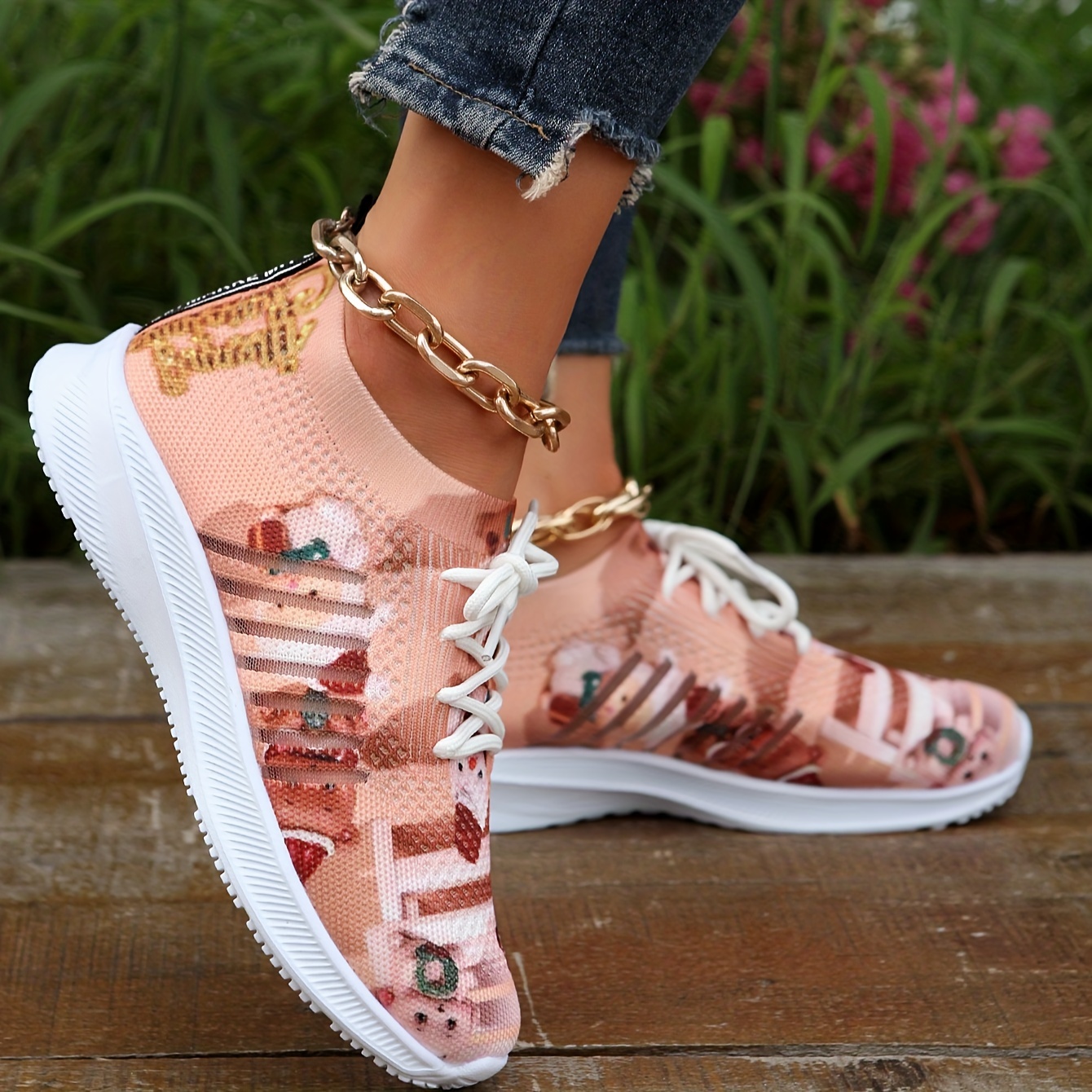 Women's Cartoon Print Knitted Sneakers, Slip On Shock Absorption