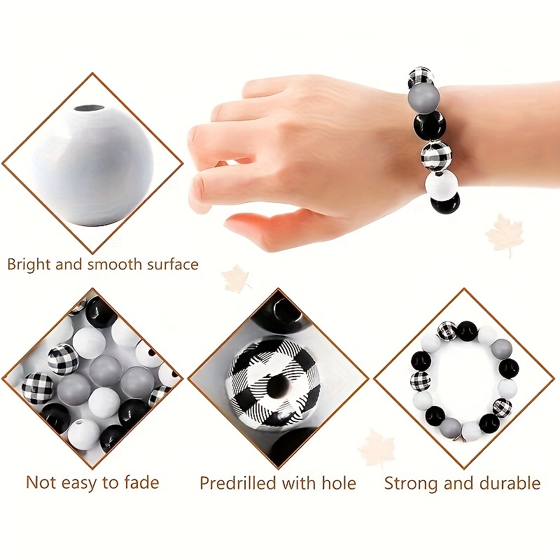 Printed Wooden Beads Black White Plaid Balls Beads Fashion - Temu