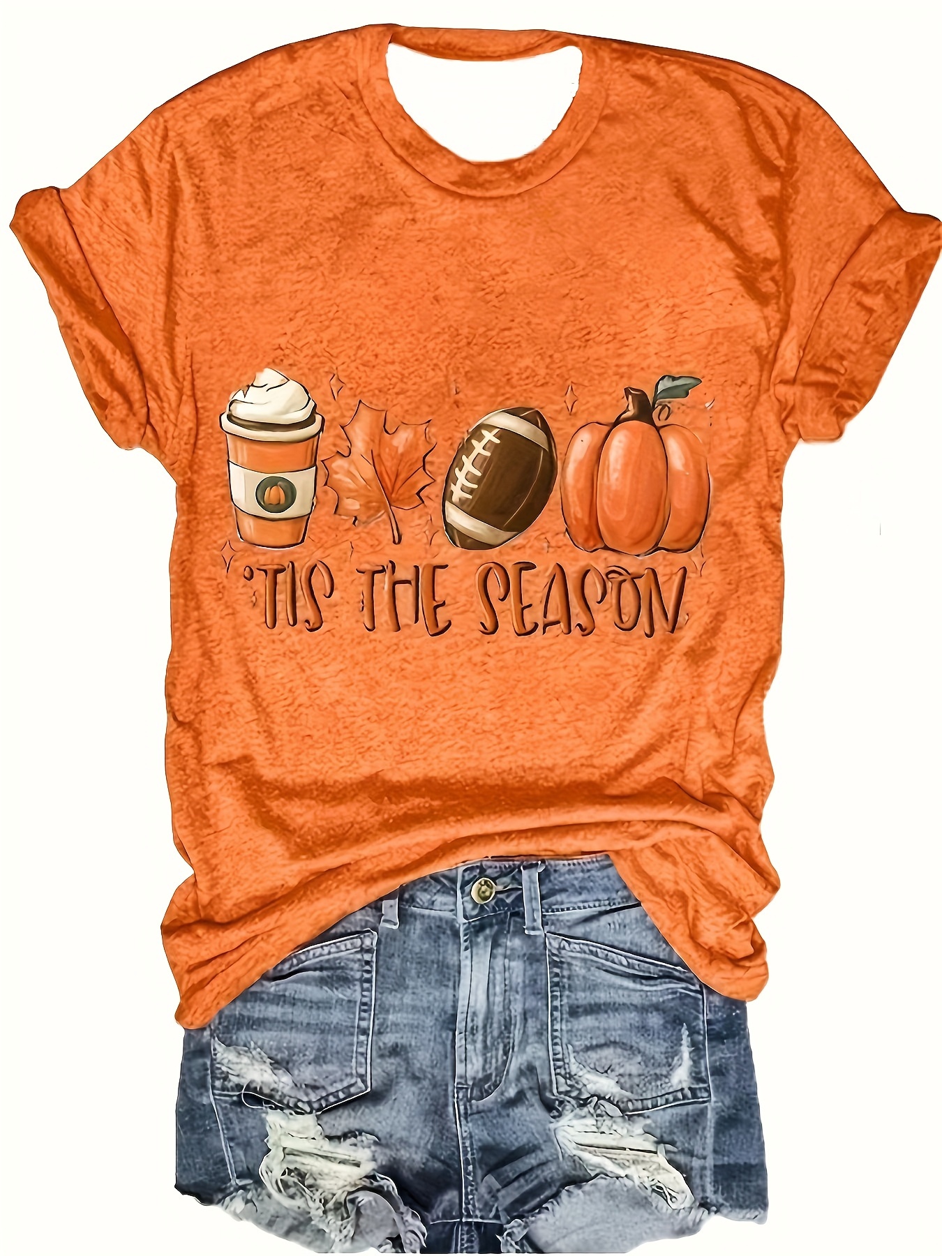 Pumpkin & Letter Print Crew Neck Tshirt, Casual Short Sleeve Top For