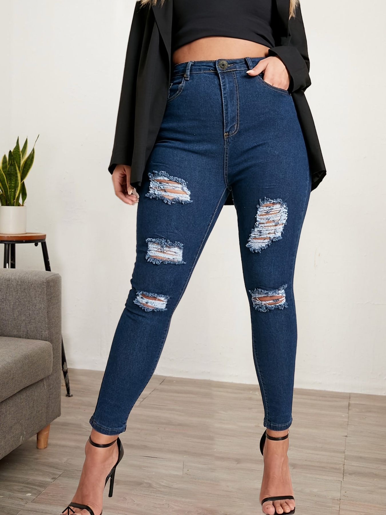 Knee Cut High Straight Leg Jeans Ripped Washed Solid - Temu