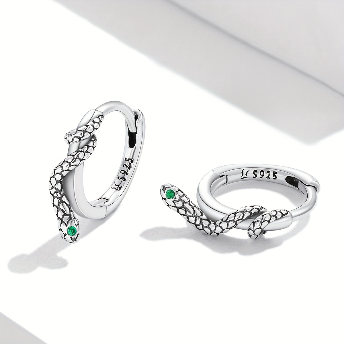 925 Silver Snake Ear Buckles Green Zirconium Hoop Earrings