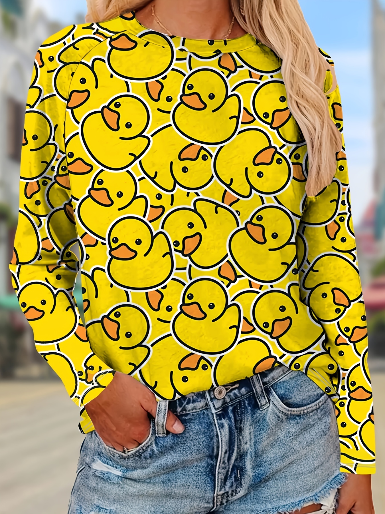 Cartoon Duck Pattern Casual T-shirt, Short Sleeves Round Neck Cute Sporty  Top, Women's Activewear - Temu