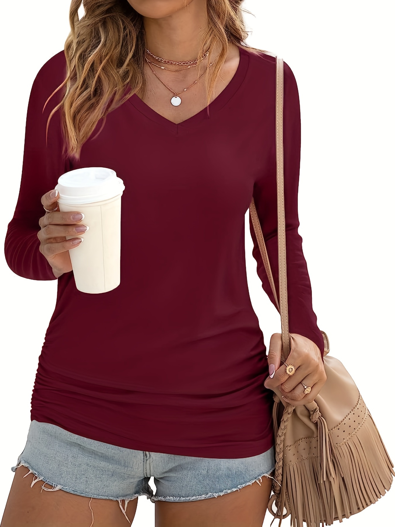 Plus Size Casual T shirt Women's Plus Solid Long Sleeve V - Temu