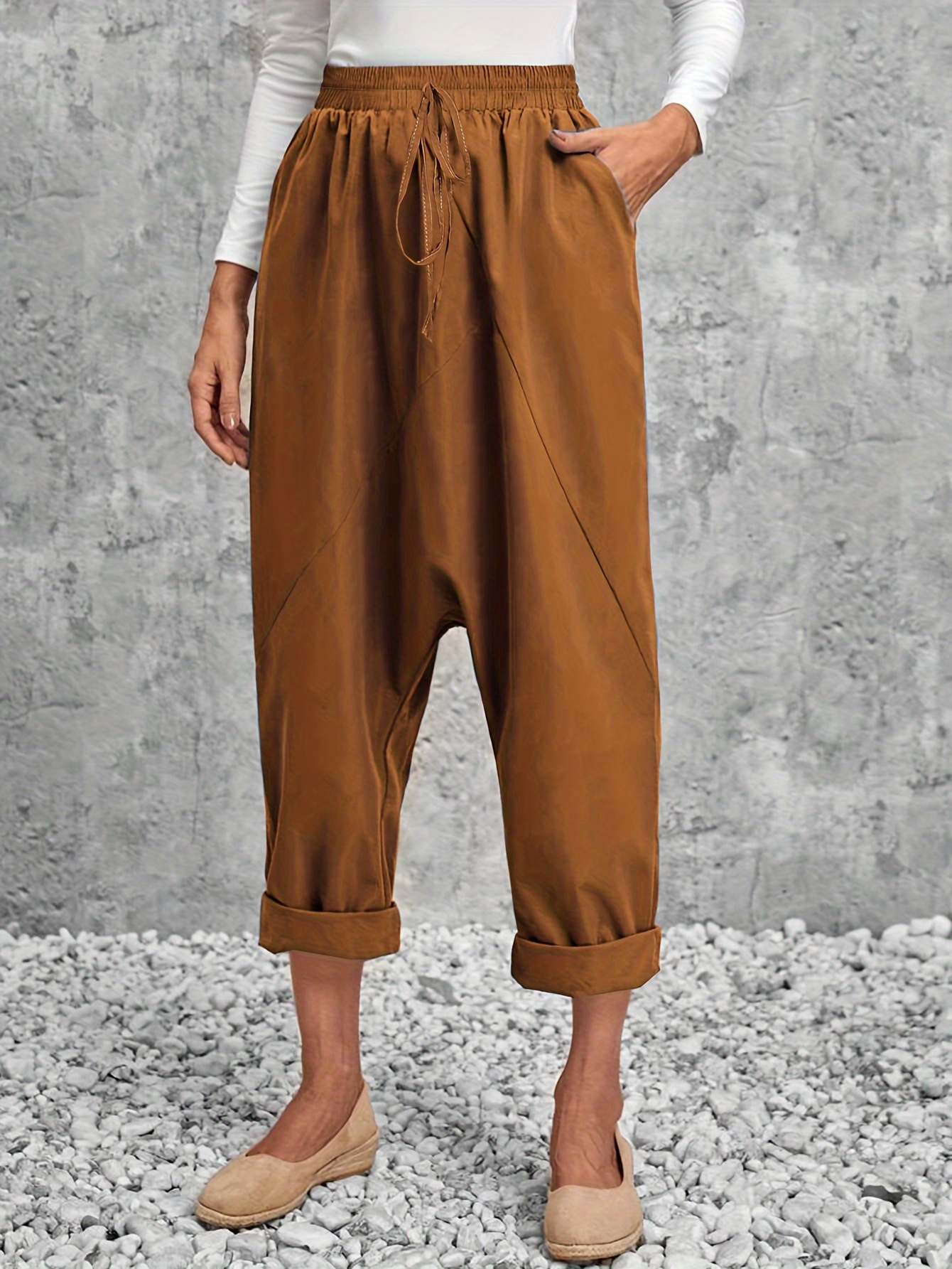 Plus Size Casual Pants Women's Plus Solid Elastic Waist - Temu