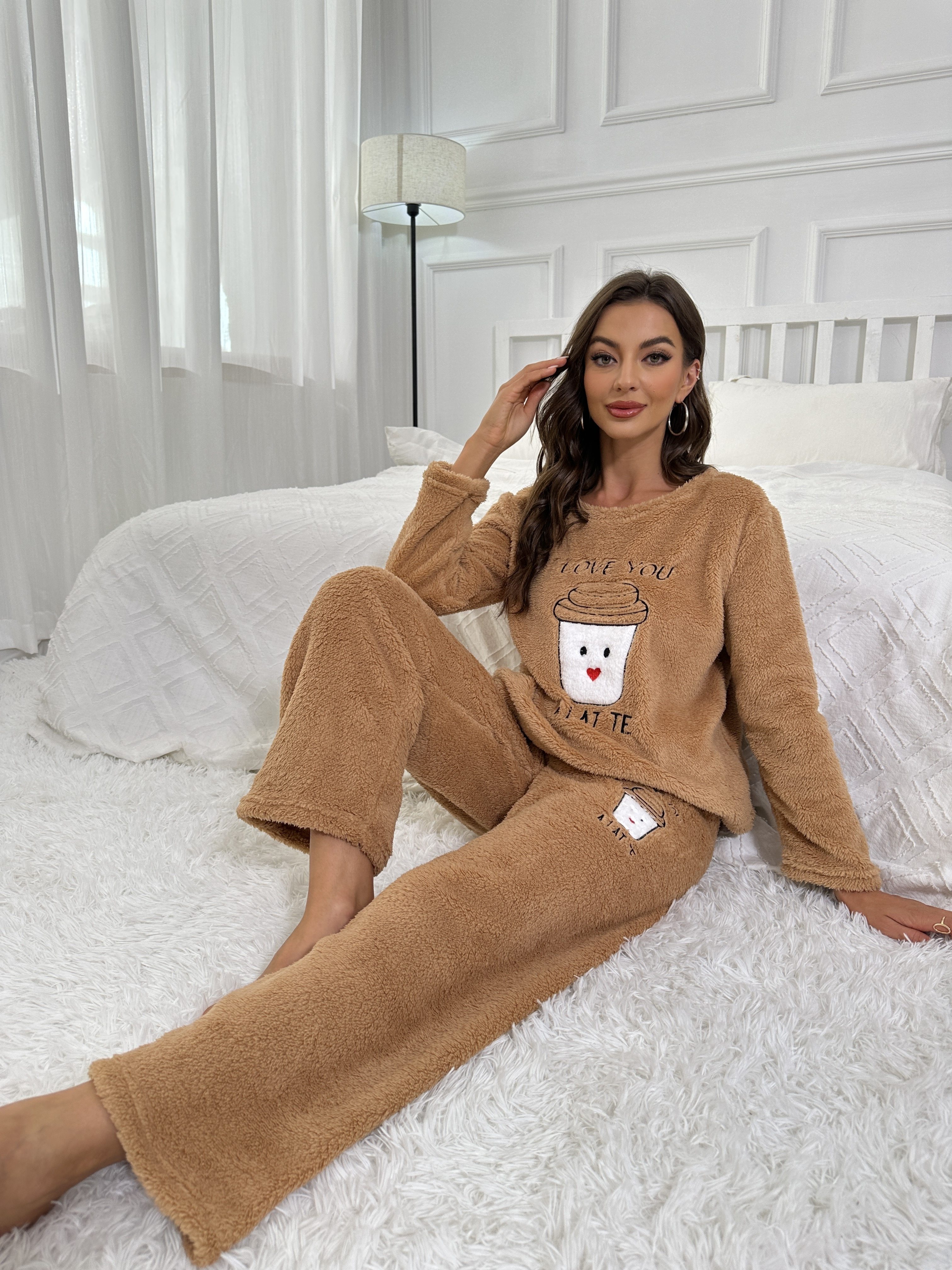 Women's Two Piece Fuzzy Pajama Lounge Set Pullover Pants - Temu