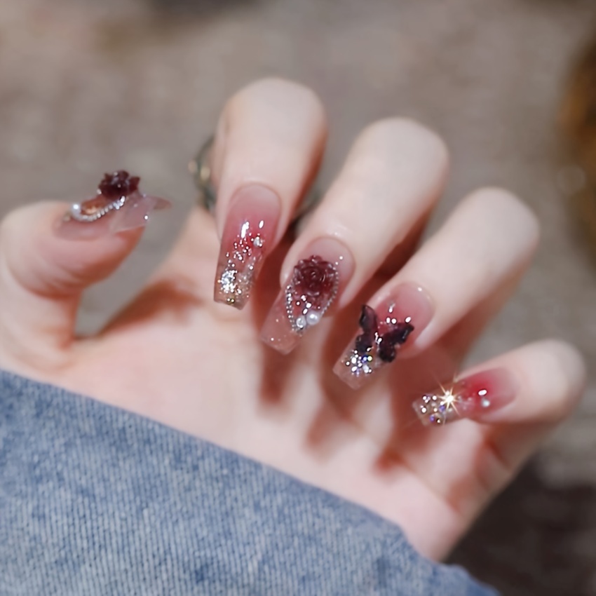 24pcs False Nails With Adhesive, Long Ballet Nails, Camellia Combination Design, Artificial Nail Tips For Application With Jelly Glue