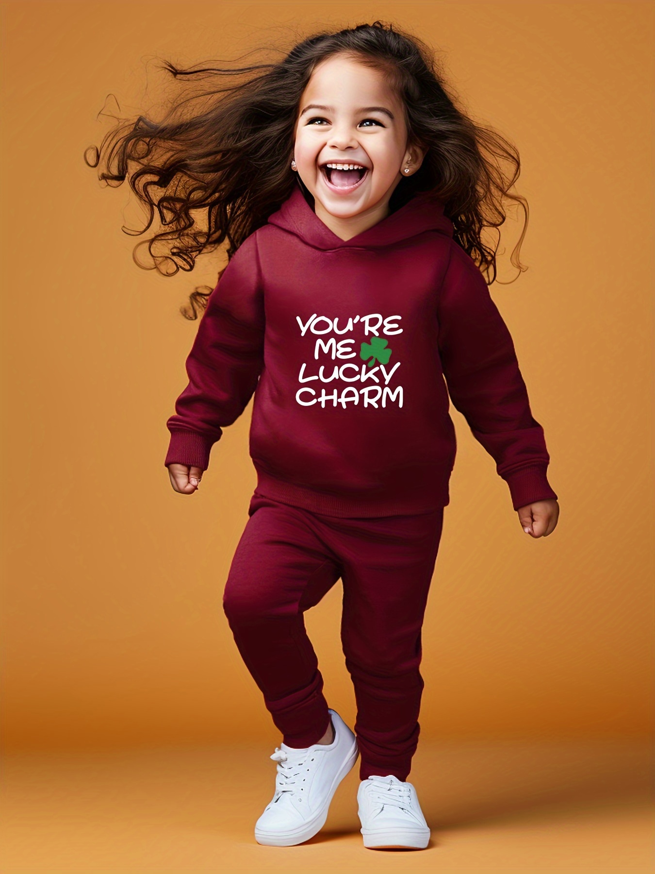 Girls 're Lucky Charm Clover Print Hoodies + Pants Set - Temu