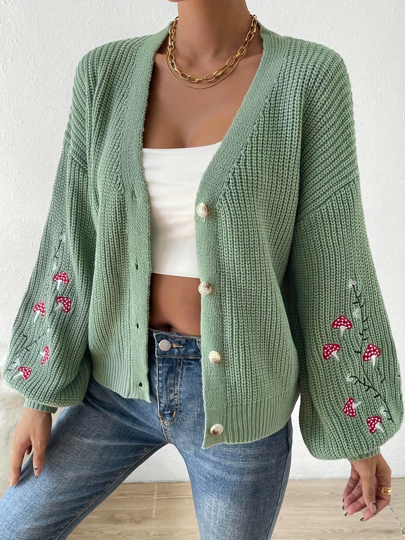 Cherry Embroidered Knit Cardigan Casual Open Front Long - Temu