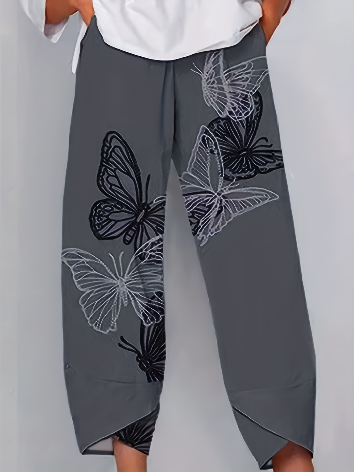 Butterfly Print Elastic Waist Pants Pantalones Casuales - Temu