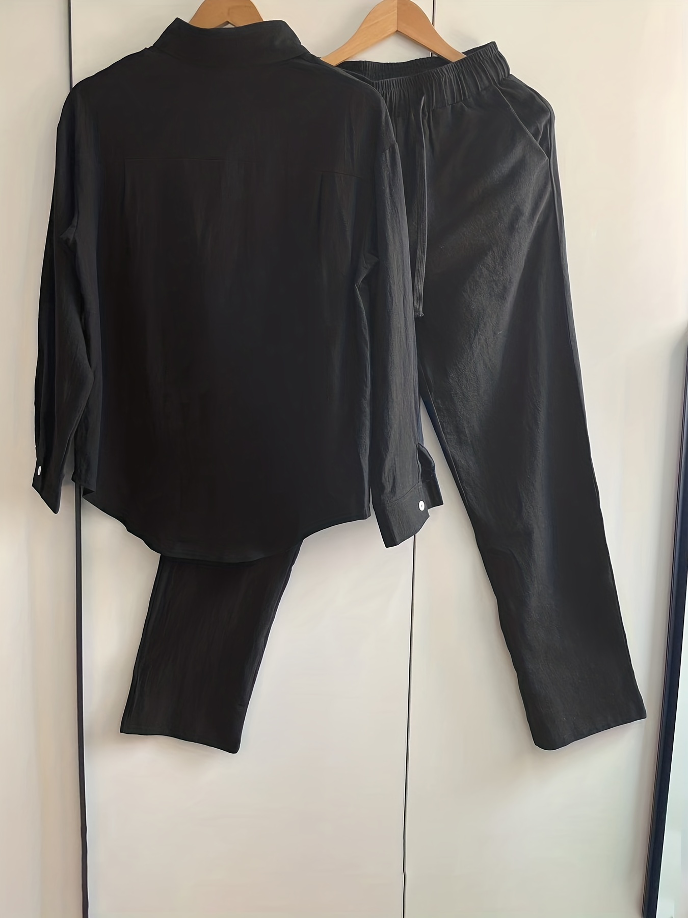 Minimalist Solid Two piece Pants Set Long Sleeve Button - Temu