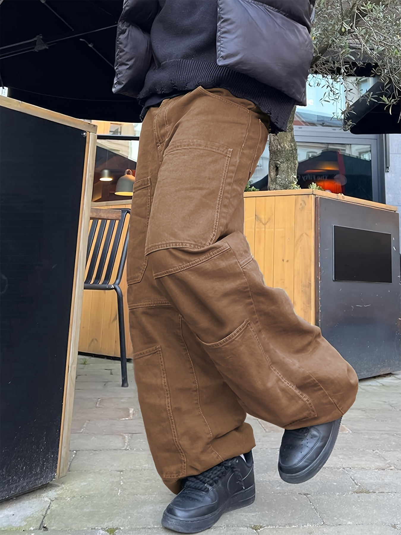 Retro Denim Men's Straight Leg Cargo Pants Loose Baggy Pants - Temu